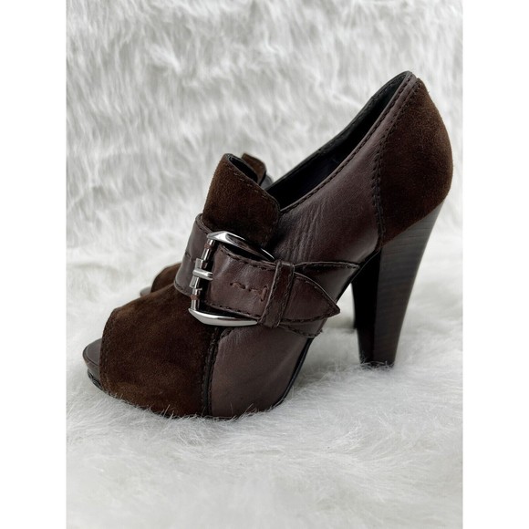 Kurt Geiger Sz 36 US 5.5 Brown Leather Suede Peep Toe 4.5” Stacked Heel Pump - Picture 13 of 16